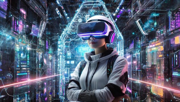 A highly skilled cyberpunk hacker immersed in a vibrant futuristic cityscape, surrounded by glowing holographic interfaces, neon-lit technology, and data streams showcasing advanced digital - Powered by Adobe