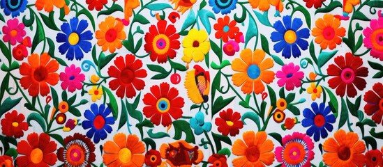 Vibrant Mexican textile pattern featuring colorful flowers and intricate designs evoking traditional craftsmanship and cultural heritage
