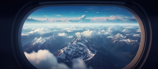 Naklejka premium View of majestic mountain summit and clouds from airplane window during flight, showcasing stunning natural scenery and perspective.