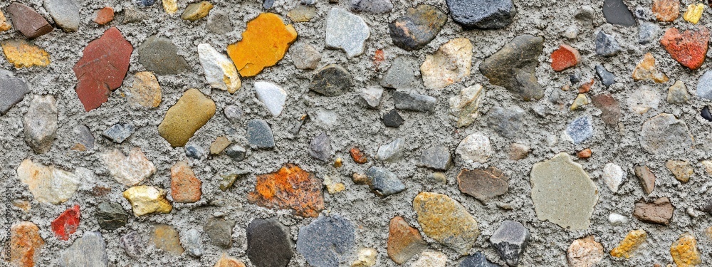 Poster A close-up view of a textured concrete surface with various colored stones embedded.