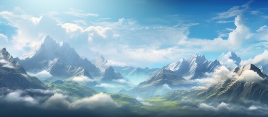 Naklejka premium Majestic mountain landscape under a vibrant azure sky with dramatic cloud formations and serene valleys in the foreground