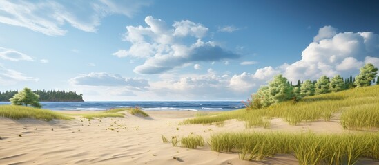 Obraz premium Tranquil sandy beach landscape with lush green dunes under a bright sky and gentle ocean waves in the background