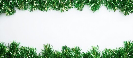 Green festive tinsel border on a white background perfect for holiday decorations and greeting card templates