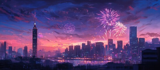 Obraz premium Twilight skyline with vibrant fireworks illuminating a cityscape during celebration, showcasing a stunning urban backdrop at dusk.