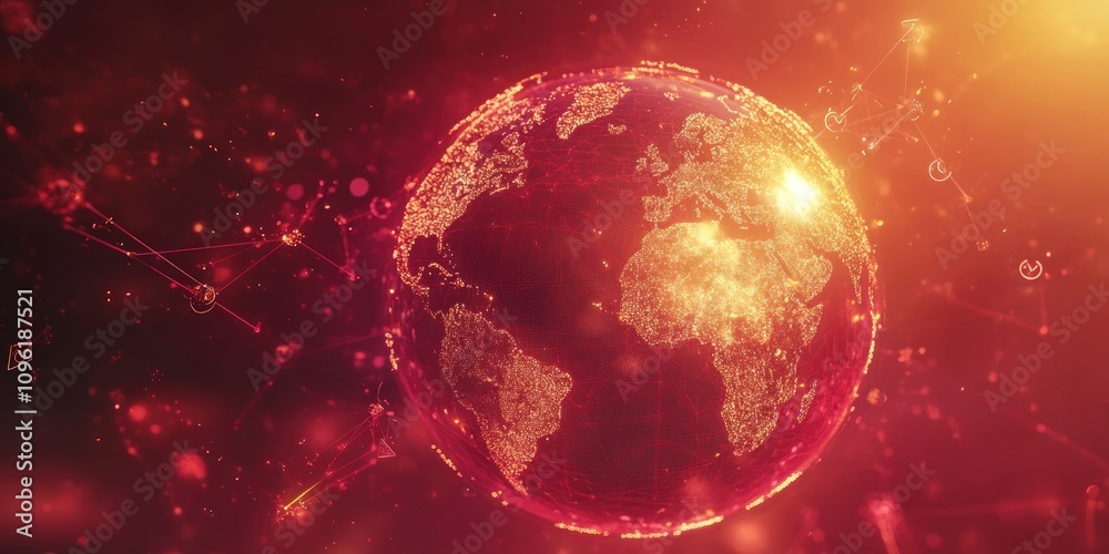Poster a digital representation of earth with a glowing, red overlay and network connections.