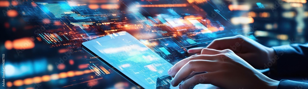 Poster Hands typing on a tablet with digital data visuals in the background.