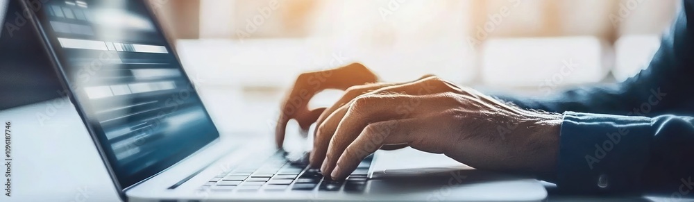 Poster a close-up of hands typing on a laptop, suggesting productivity and technology use.