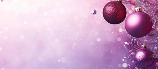 Elegant festive background featuring shimmering Christmas ornaments in shades of pink and purple with a soft bokeh effect.