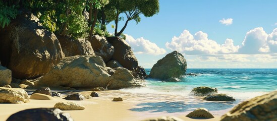 Obraz premium Tranquil beach scene with rocks under clear skies and gentle waves perfect for vacation inspiration and coastal relaxation.