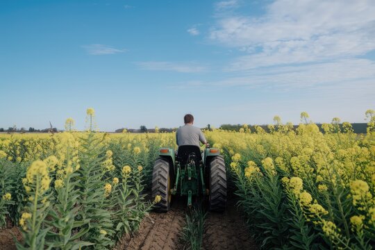 Farmer driving tractor through canola field under blue sky