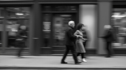 City street with blurred silhouettes of pedestrians, shop windows and a bustling atmosphere, blurred image