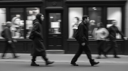 Street scene in downtown with blurred figures of people, storefronts, and urban hustle, blurred image