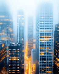 A misty cityscape featuring tall skyscrapers illuminated by golden lights, creating a mystical urban atmosphere.