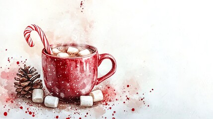 Festive watercolor cup of hot chocolate with marshmallows, a candy cane, and steam, cozy and warm on white