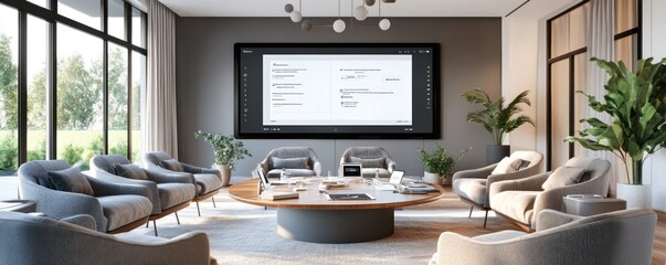 Modern conference room with a large screen and comfortable seating.