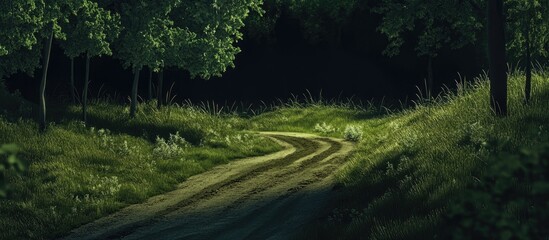 Winding dirt road surrounded by lush green grass and forest ambiance at Moon Plains evoking tranquility and natural beauty.