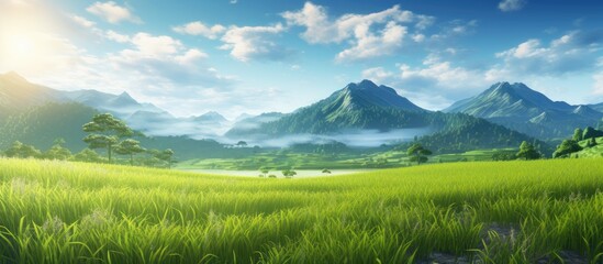 Fototapeta premium Vibrant Paddy Field Landscape with Lush Greenery and Scenic Mountain Backdrop Under Bright Blue Sky