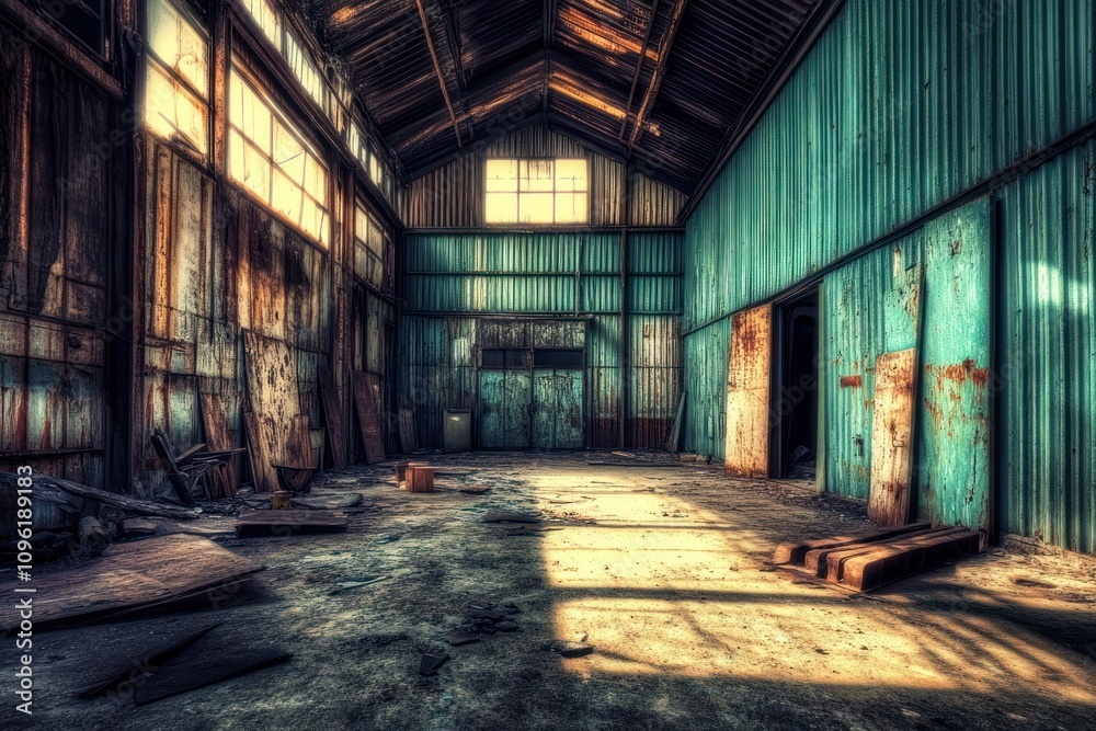 Poster An abandoned industrial space with rusted walls and sunlight streaming through windows.