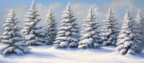 Fototapeta premium Winter landscape of snow-covered fir trees under a blue sky showcasing a peaceful and serene natural scene. Perfect for holiday themes.