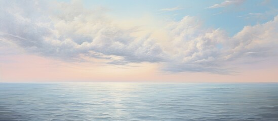 Obraz premium Serene coastal landscape with gentle waves and soft pastel skies reflecting a tranquil sunset over the ocean horizon.