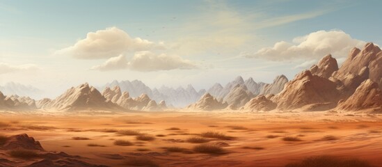 Naklejka premium Desert Landscape with Majestic Mountains under Clear Blue Sky and Soft Clouds