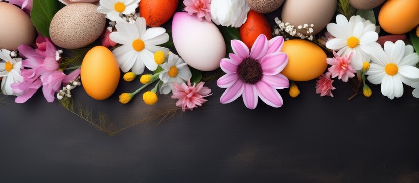 Easter card design with colorful eggs and blooming flowers in a decorative frame featuring a blank space for personalization