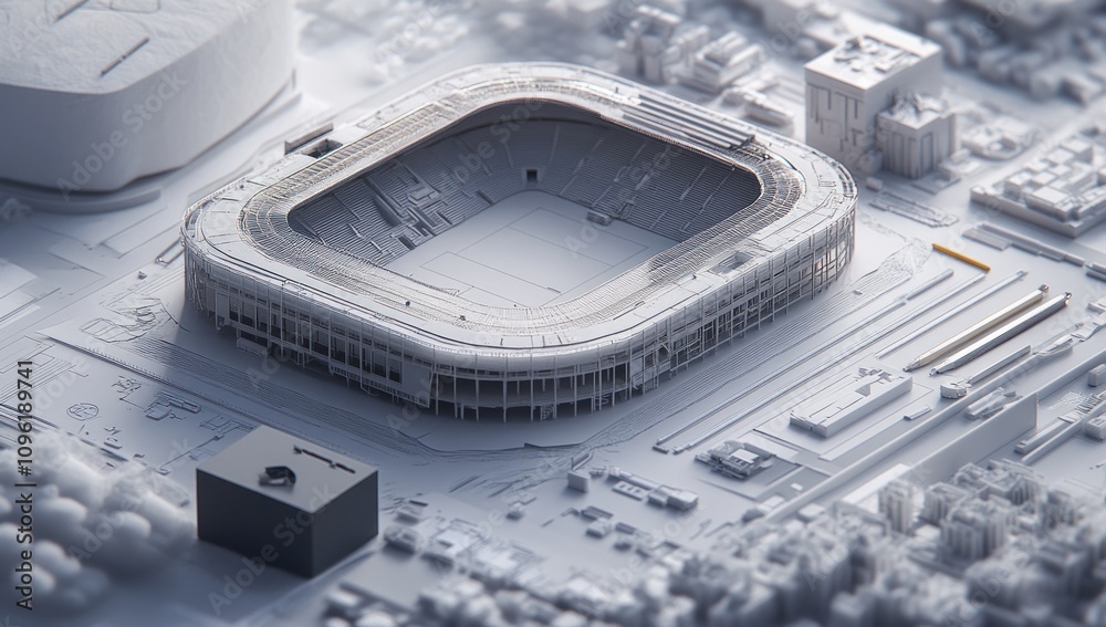 Aufkleber a detailed architectural model of a stadium, showcasing its design and surrounding features.