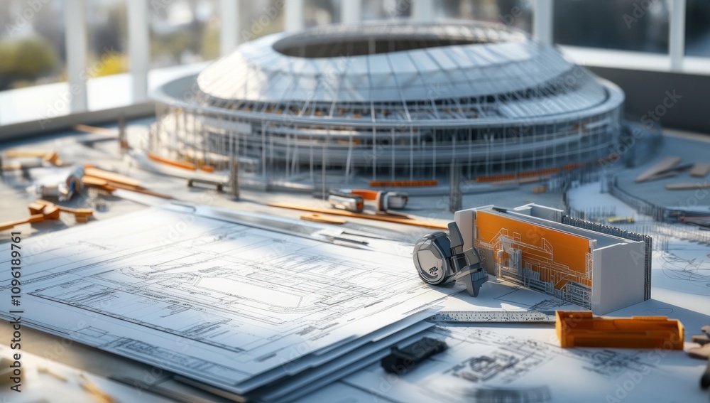 Poster architectural model showcasing a stadium with blueprints and construction tools.