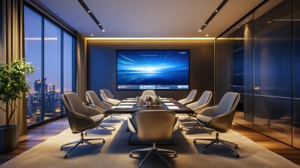 Naklejka premium Modern conference room with a large screen and sleek furniture, designed for meetings.