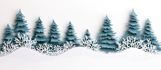 Fototapeta premium Festive paper cutout illustration of winter landscape with evergreens and snowflakes on a white background for Christmas themes