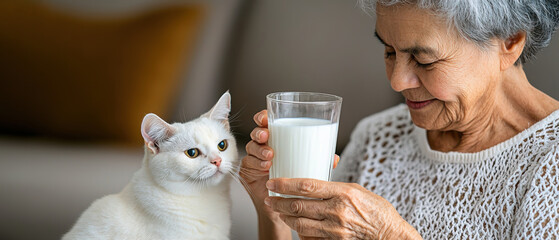 Wellness health and Natural remedies Concept, An elderly woman enjoys a glass of milk while a curious white cat observes her, highlighting a warm moment of companionship.