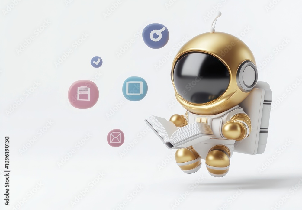 Poster A gold astronaut character reading a book with floating icons representing tasks and communication.