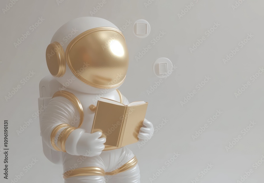 Poster a stylized astronaut reading a book, blending exploration with knowledge.