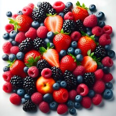 Obraz premium Colorful berry medley, fresh strawberries, blackberries, raspberries, and blueberries on white background