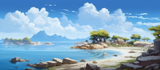 Dramatic landscape of a secluded island with rocky shore and lush trees under a vibrant blue sky and serene water on a clear day