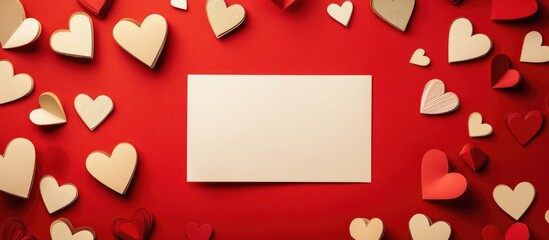 Blank card surrounded by decorative paper hearts on a vibrant red background ideal for love letters and romantic messages