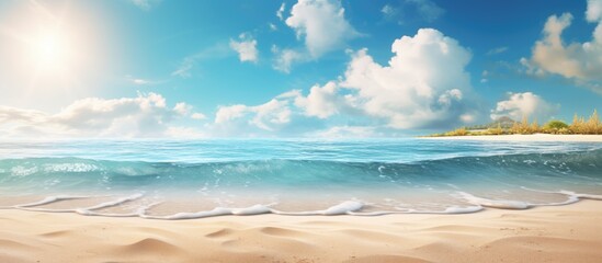 Fototapeta premium Serene beach landscape with golden sand, crystal clear sea, and vibrant clouds perfect for travel and relaxation themes.