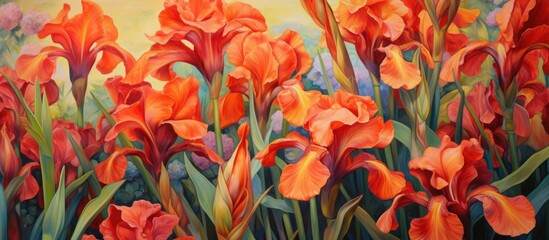 Vibrant red irises blooming in a sunlit garden showcasing natural beauty and summer floral splendor.