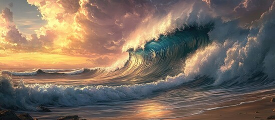 Naklejka premium Majestic crashing waves at sunset illuminating the beach with vibrant colors and turbulent ocean energy