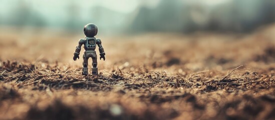 Toy astronaut figure in out of focus brown grass landscape with soft background creating a whimsical and adventurous atmosphere