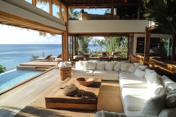 Fototapeta premium Luxury oceanfront home with infinity pool overlooking stunning tropical vista