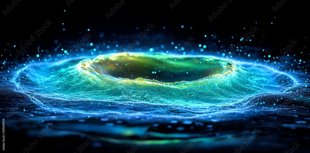Poster a glowing, abstract representation of a vortex or energy wave in a dark environment.