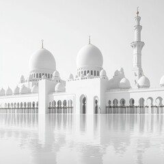 Fototapeta premium A black-and-white photograph capturing the magnificence of the Sheikh Zayed Mosque in Abu Dhabi, with its stunning domes and arches, isolated on a clean white background. 