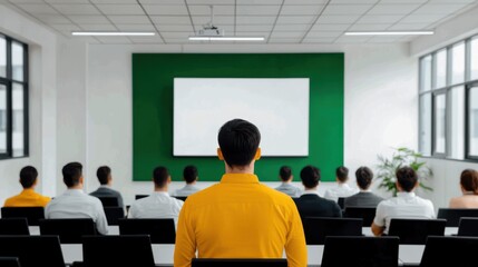 Young Man Attending a Seminar in an Auditorium with Green Chalkboard and Presentation Screen, Engaged in Learning and Knowledge Acquisition