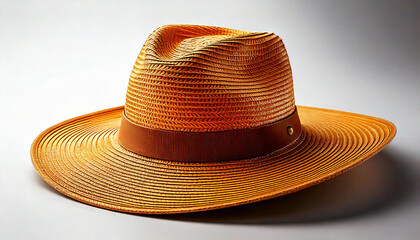 A stylish, wide-brimmed orange straw hat with a brown band, perfect for sunny days and outdoor activities.