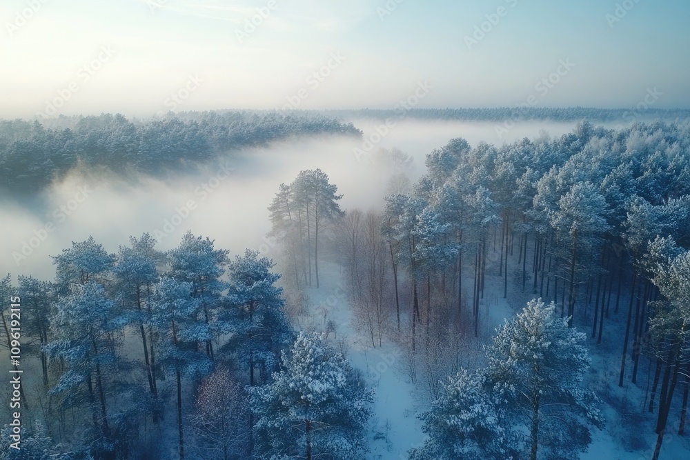 Wall mural Snowy pine forest covered by fog on a winter morning