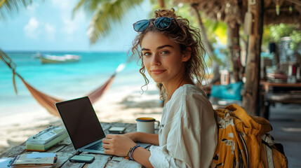 woman digital nomad working with laptop on an exotic beach