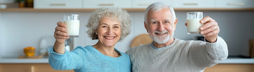 Wellness health and Natural remedies Concept, Smiling elderly couple holding glasses of milk in a bright kitchen, celebrating with joy and warmth.