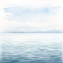 Minimalist watercolor seascape highlights calm blue waves, serene skies, soft clouds, and a tranquil ocean atmosphere.