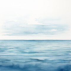 Minimalist watercolor seascape highlights calm blue waves, serene skies, soft clouds, and a tranquil ocean atmosphere.